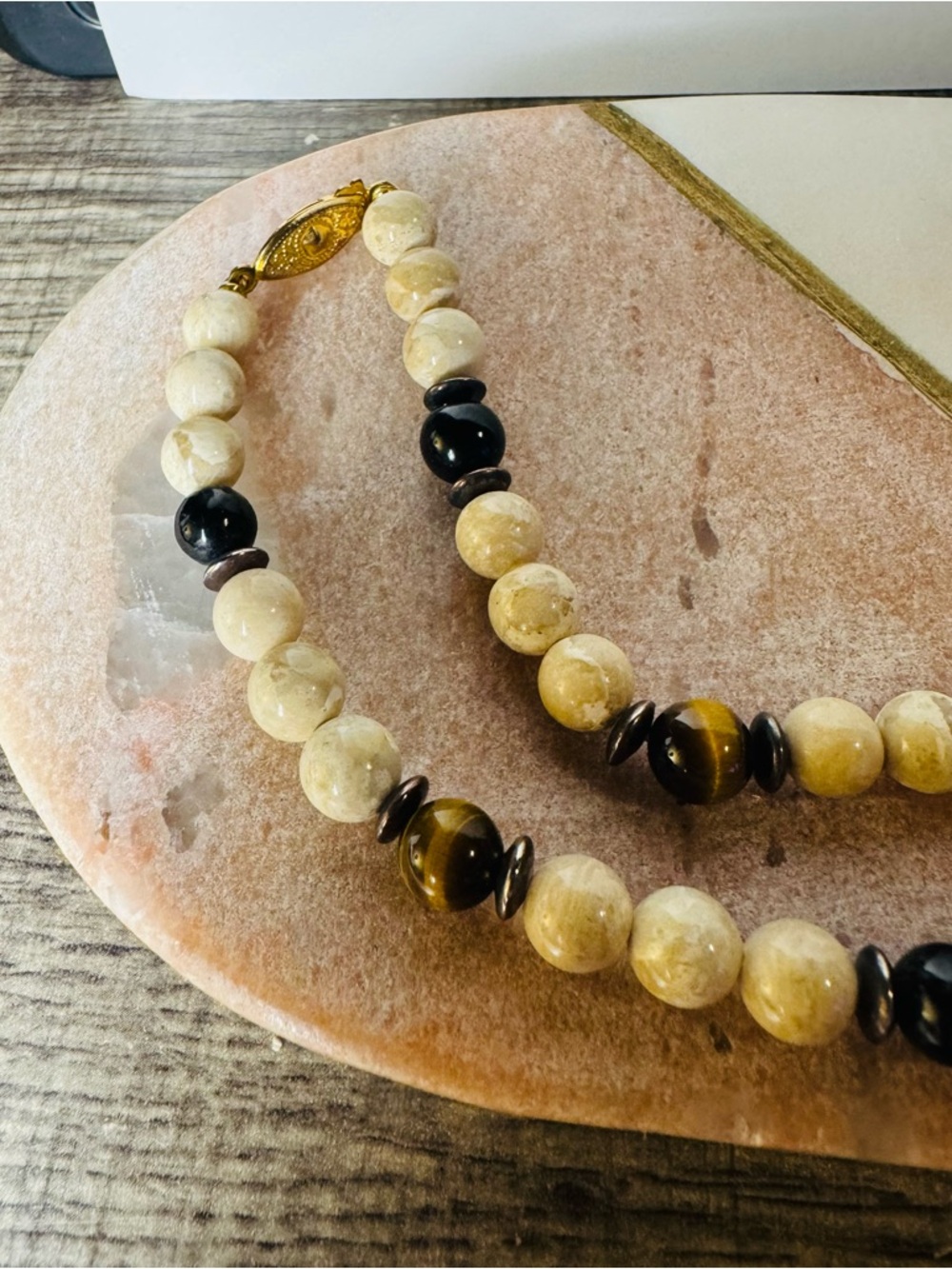 Tiger Eye & Cream Marble Bead Necklace Earth Tone Statement 22-23" - Picture 3 of 5